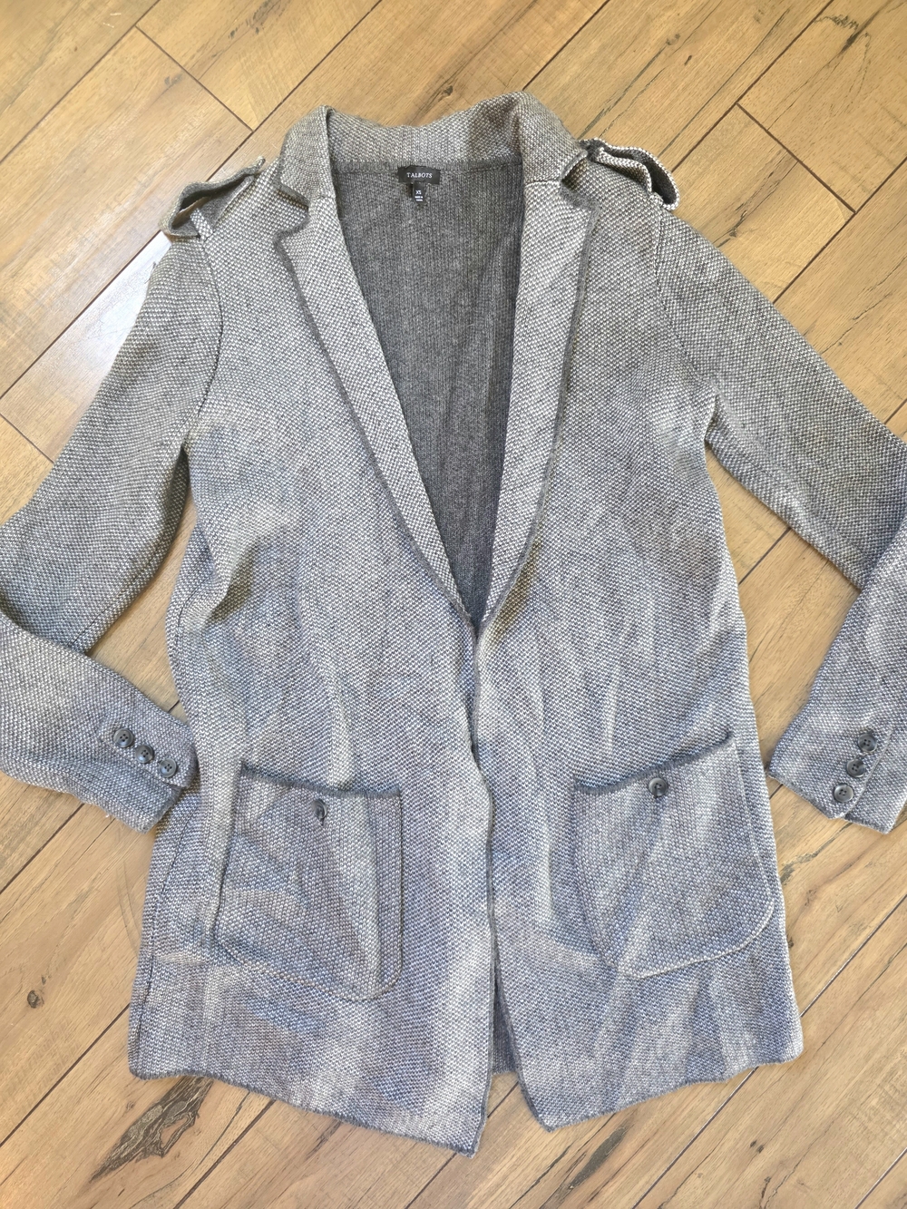 Talbots Gray Tweed Knit Blazer Long Cardigan Jacket Wool Blend XS Extra Small